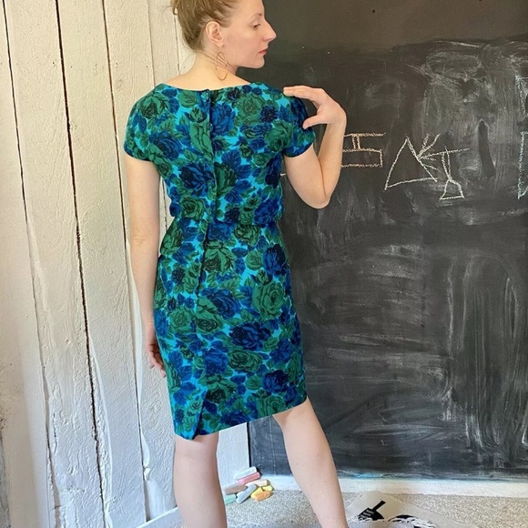 Vintage Dresses Vintage 5s Blue Green Rose Floral Cocktail Wiggle Dress By Buds Duluth Sm